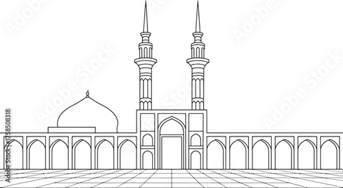 Detailed Mosque Line Art Vector Illustration Against Checkered Transparent Background