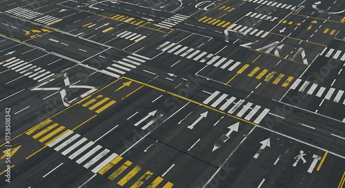 Overhead view of road markings and traffic symbols on an asphalt surface