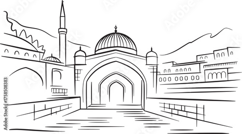 Hand Drawn Islamic Place Worship Vector Line Art Illustration on Transparent Style