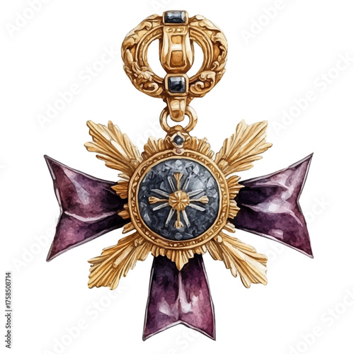 Military Medal Brooch, watercolor vector, isolated on a white background.