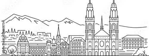 Simple Outline of Zurich Switzerland Cityscape with Historical Buildings and Mountains
