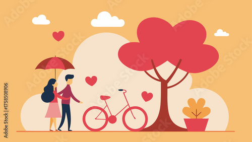 Couple walking with bicycle and umbrella