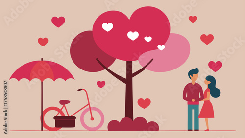 Couple bicycle and heart tree illustration
