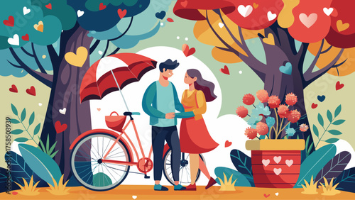 Couple embracing near bicycle in parkland