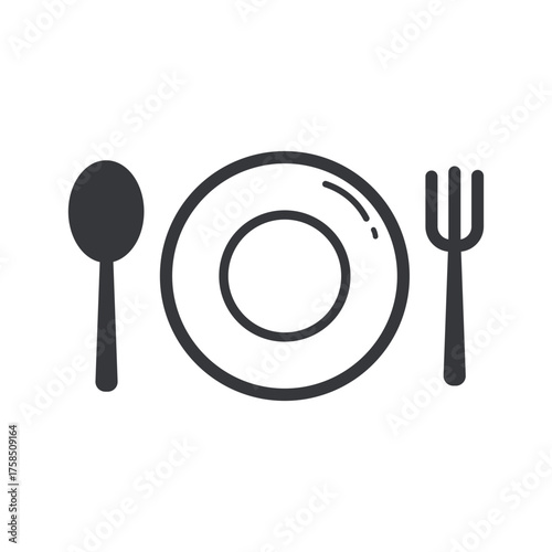Isolated outline icon of spoon, fork, and plate, representing dining utensils symbol for restaurant, food service, or kitchen signage.
