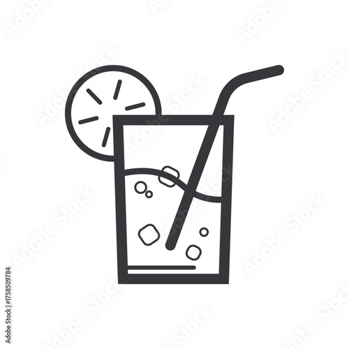 Isolated outline pictogram of lemonade drink with ice cubes, straw, and lemon slice in a glass, refreshing beverage symbol.