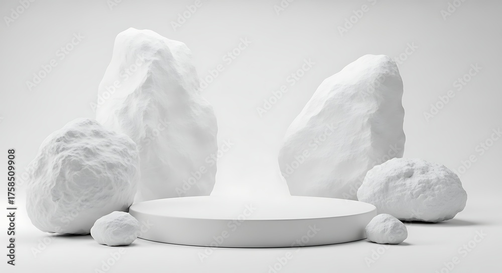 Obraz premium Minimalist white podium surrounded by abstract white rocks and spheres, isolated on white background