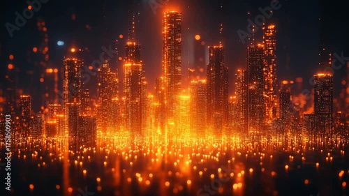 Futuristic Digital Metropolis Glowing with Orange Lights at Night.