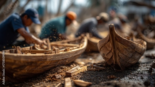 Men craft wooden boats, surrounded by wood shavings and wooden fragments. In the workshop, men focus on their wooden boat creations amidst the scattered wood.