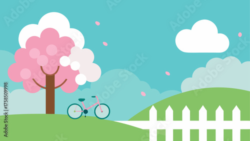 Spring scene with bicycle and cherry tree