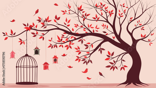 Tree birds cages and red leaves design art