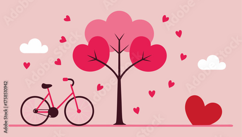 Pink bicycle and heart tree illustration