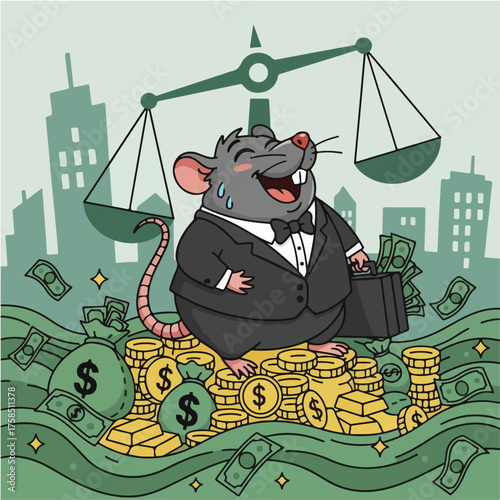 Cartoon vector of a greedy rat in a suit sitting on pile of money and gold coins, symbol of corruption and greed.