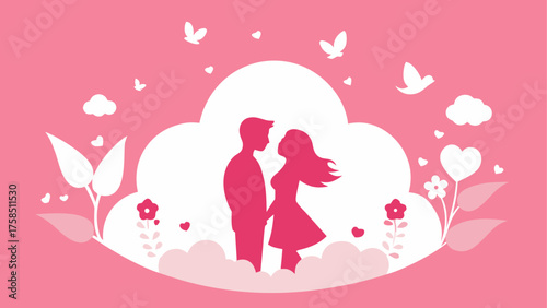 Silhouette couple with hearts and flowers
