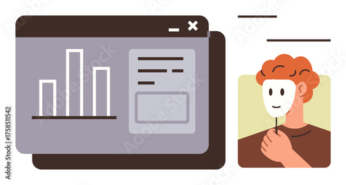 Man removes mask next to browser window with bar chart and text layout. Ideal for online identity, data privacy, transparency, anonymity, digital behavior, cyberculture, and technology ethics. Clean