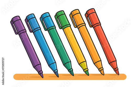 Colorful felt-tip pens lined up on orange background colored markers on table