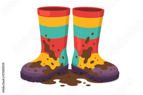 Colorful rubber boots with mud splatter on transparent background rain boots muddy