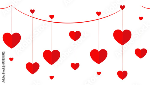 Hanging red hearts on a string decoration