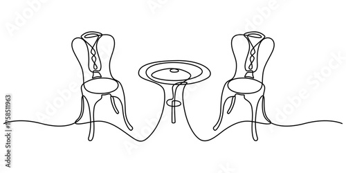 Garden chairs and table in continuous line art drawing style. Classic style dining room furniture black linear sketch isolated on white background, Continuous one line drawing of table with chairs.