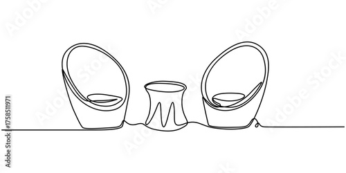 Garden chairs and table in continuous line art drawing style. Classic style dining room furniture black linear sketch isolated on white background, Continuous one line drawing of table with chairs.