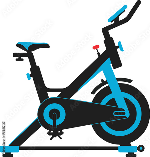 Stationary exercise bike in black and blue colors. Suitable for fitness blogs, gym posters, workout websites, health magazines, exercise equipment advertisements.