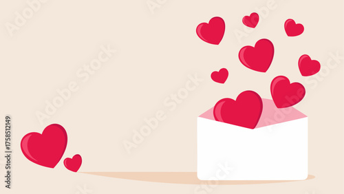 Red hearts flying from an open envelope