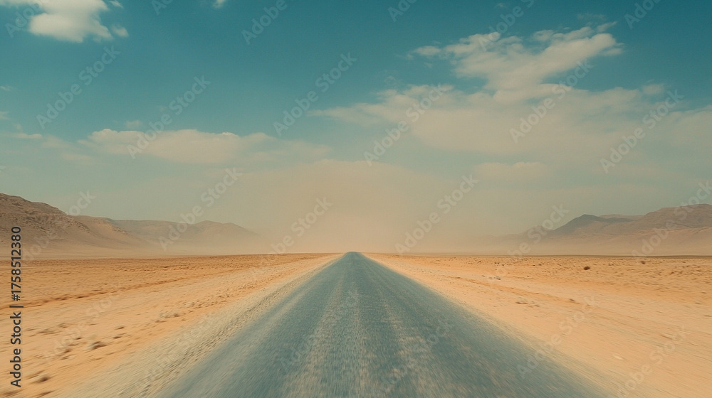 Naklejka premium Desert highway stretching toward the horizon under intense heat with shimmering mirage reflections and hazy atmosphere symbolizing isolation travel endurance and summer heat in hyperrealistic style