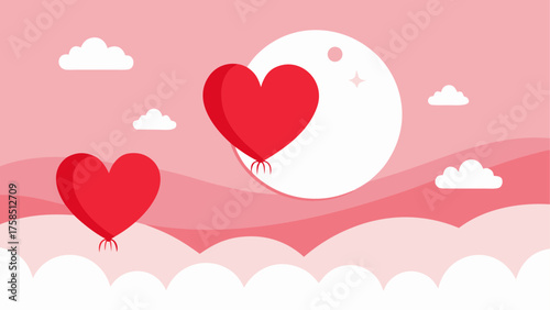 Heart balloons floating in a pink sky