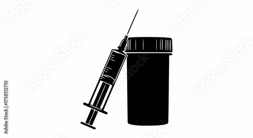 High-contrast silhouette vector of a hypodermic syringe with needle leaning against a black medicine bottle or pill container. Essential graphic for pharmaceutical and medical concepts like injection.