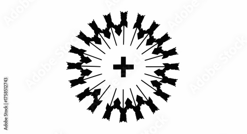 Abstract black and white vector symbol of a positive charge surrounded by radial spiked arrows or people figures. Ideal graphic for energy, unity, power, or scientific concepts.