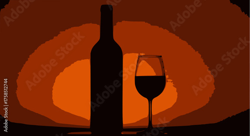 Dark, moody silhouette of a wine bottle and a full glass against a vibrant orange and red sunset background. Ideal vector graphic for upscale bar or winery promotion.