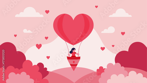 Girl in heart balloon with hearts around