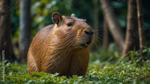 Closeup photo of a capybara playing in the middle of the forest.