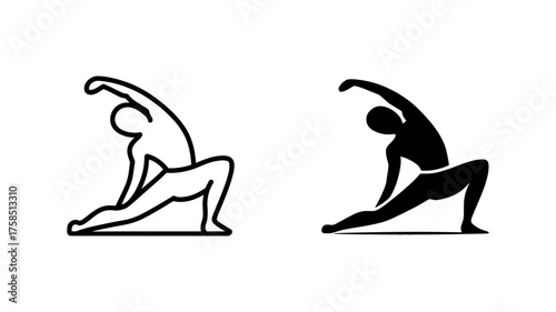 Vector art of yoga pose icon set featuring a person in a lunge with arm raised, vector illustration of a fitness exercise