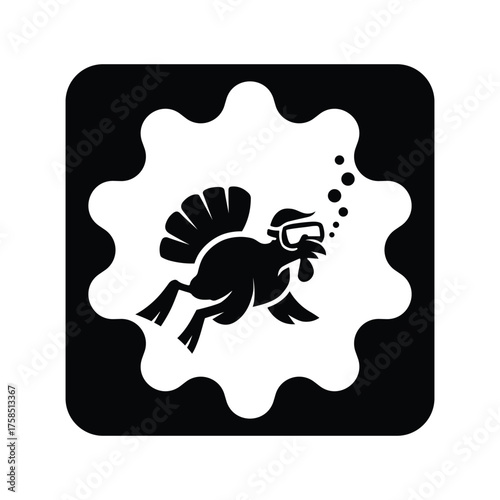 A turkey with diving goggles is swimming underwater in a black and white design