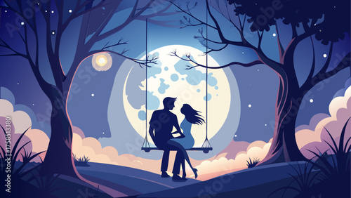 Couple on a swing under a full moon night