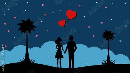 Couple with heart balloons in the night