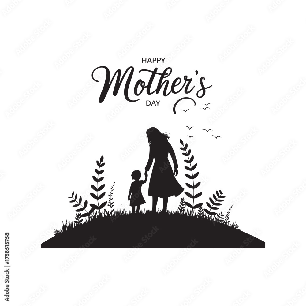 Obraz premium Happy Mother’s Day Silhouette of Mom and Child Holding Hands in Nature
