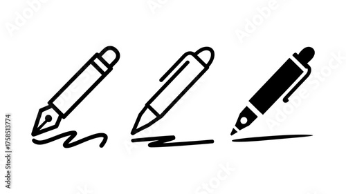 Vector art of set of writing tools icons includes a fountain pen, ballpoint pen, and marker, each with a unique style