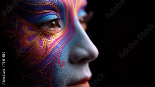 Face Painting Art Shows Mysterious Beauty on Black Background