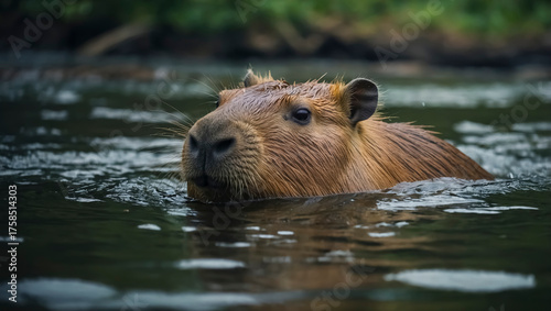 Closeup photo of a capybara swimming in river.