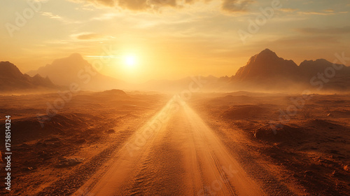 Desert highway stretching toward the horizon under intense heat with shimmering mirage reflections and hazy atmosphere symbolizing isolation travel endurance and summer heat in hyperrealistic style