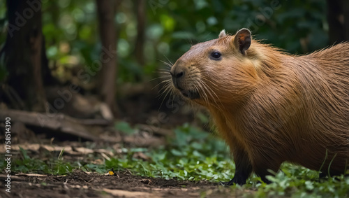 Closeup photo of a capybara playing in the middle of the forest.
