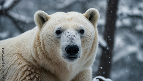 A close-up photo of a polar bear amidst a snowy Christmas tree.