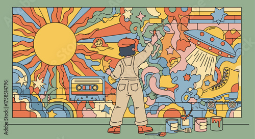 An imaginative artist skillfully adorns an urban brick wall with a vibrant, retro-inspired mural, featuring psychedelic suns, stars, and classic vintage elements.
