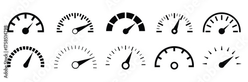 Collection of flat vector speedometer and tachometer icons – ideal for automotive dashboards, high-speed internet indicators, performance meters, and fast technology concept designs