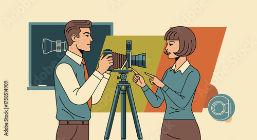 An instructor teaches a student the art of photography using a classic camera on a tripod, fostering creative skill development.