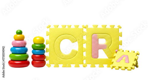 BABY TOYS - Colorful children's stacking rings and foam puzzle letters spelling out CRA, educational toys for early learning and development