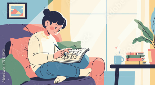 A young person enjoys a peaceful afternoon, sketching creatively in their sunlit living room, fostering artistic expression and relaxation.