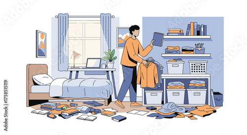 A young man is overwhelmed by the cluttered mess in his bedroom, attempting to organize his clothes and books in a modern vector illustration style.